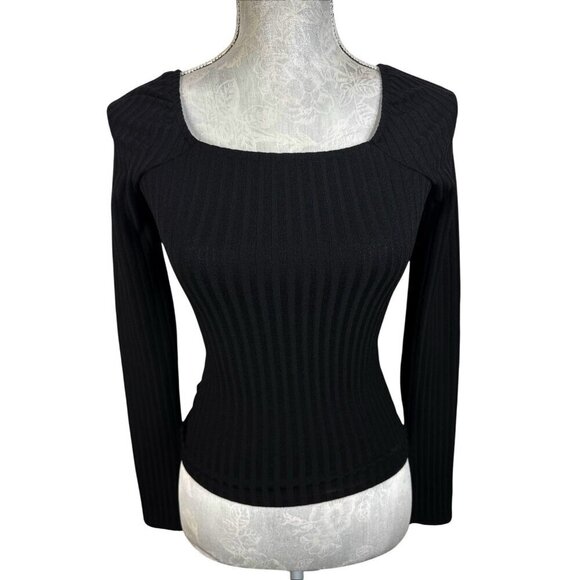 Madewell Women's XXS Square Neck Split Cuff Bodycon Tee Black NWT Ribbed - Picture 2 of 15